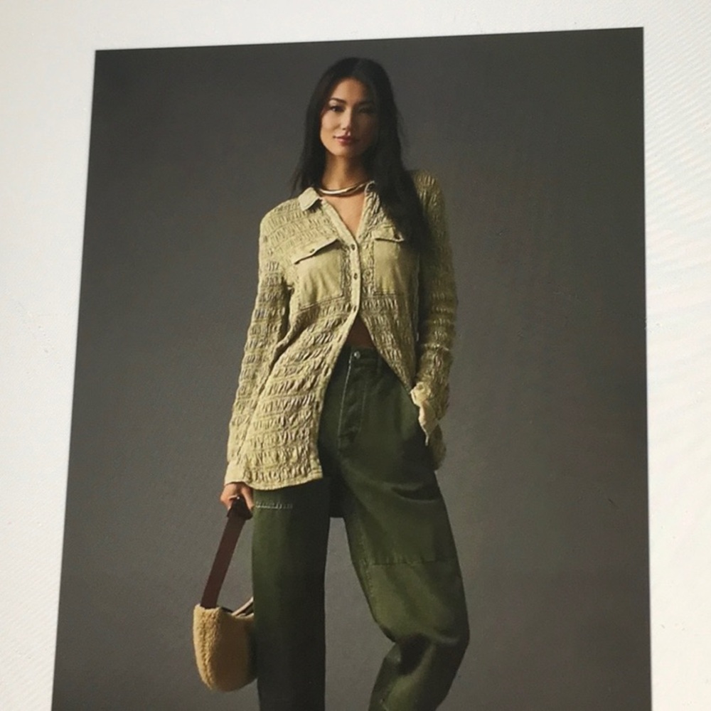 Pilcro Shirt Smocked Buttondown Shacket Taupe